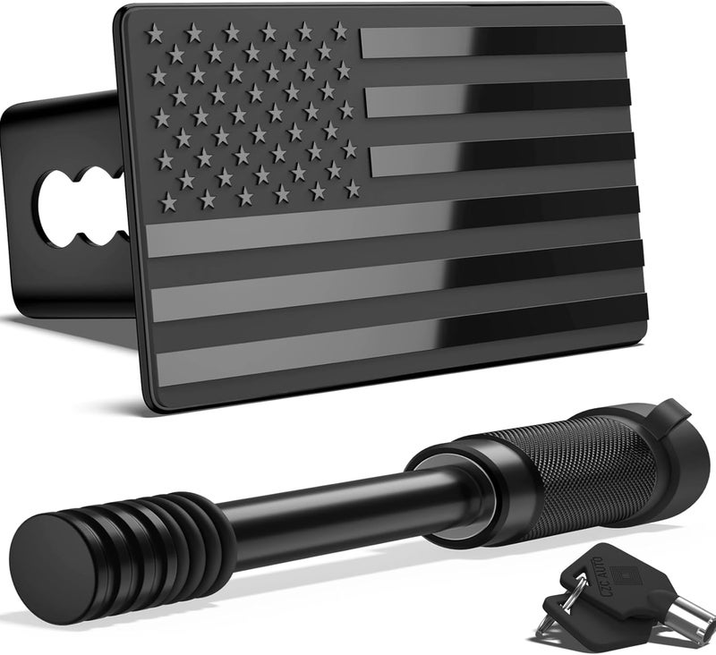 OGYE Heavy American Flag Metal Trailer Hitch Cover Fit for 2" Hitch Receivers (with 5/8" Pin Dia Anti-Theft Trailer Hitch Lock),3 * 5" Black - Image 1